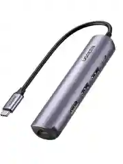 Адаптер Ugreen CM418 (10919) USB-C to 2*USB 3.0+HDMI+RJ45 Ethernet Adapter+PD. серебристый