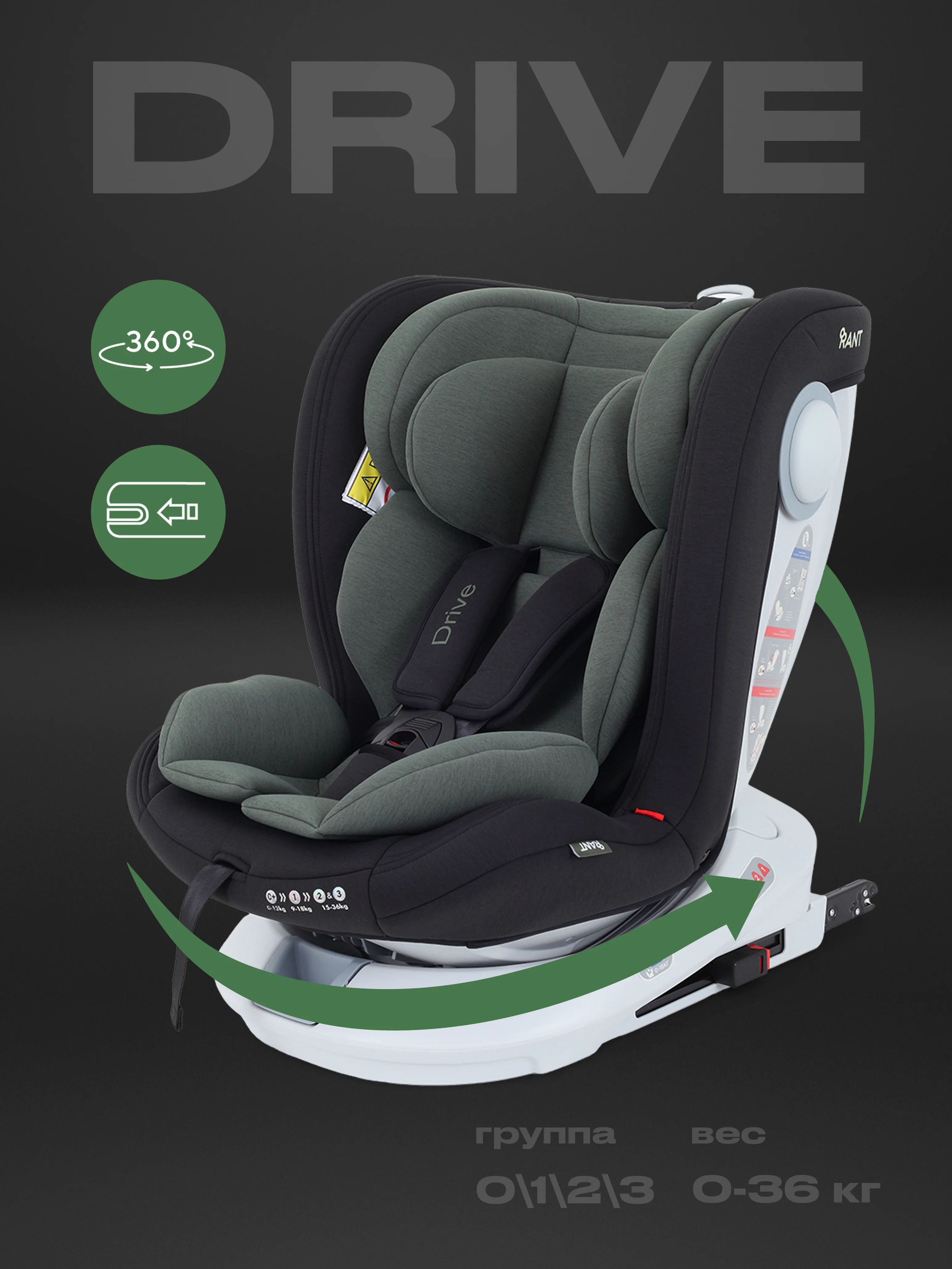 Зеленый автокресло RANT DRIVE isofix группа 0-1-2-3  0-36 кг