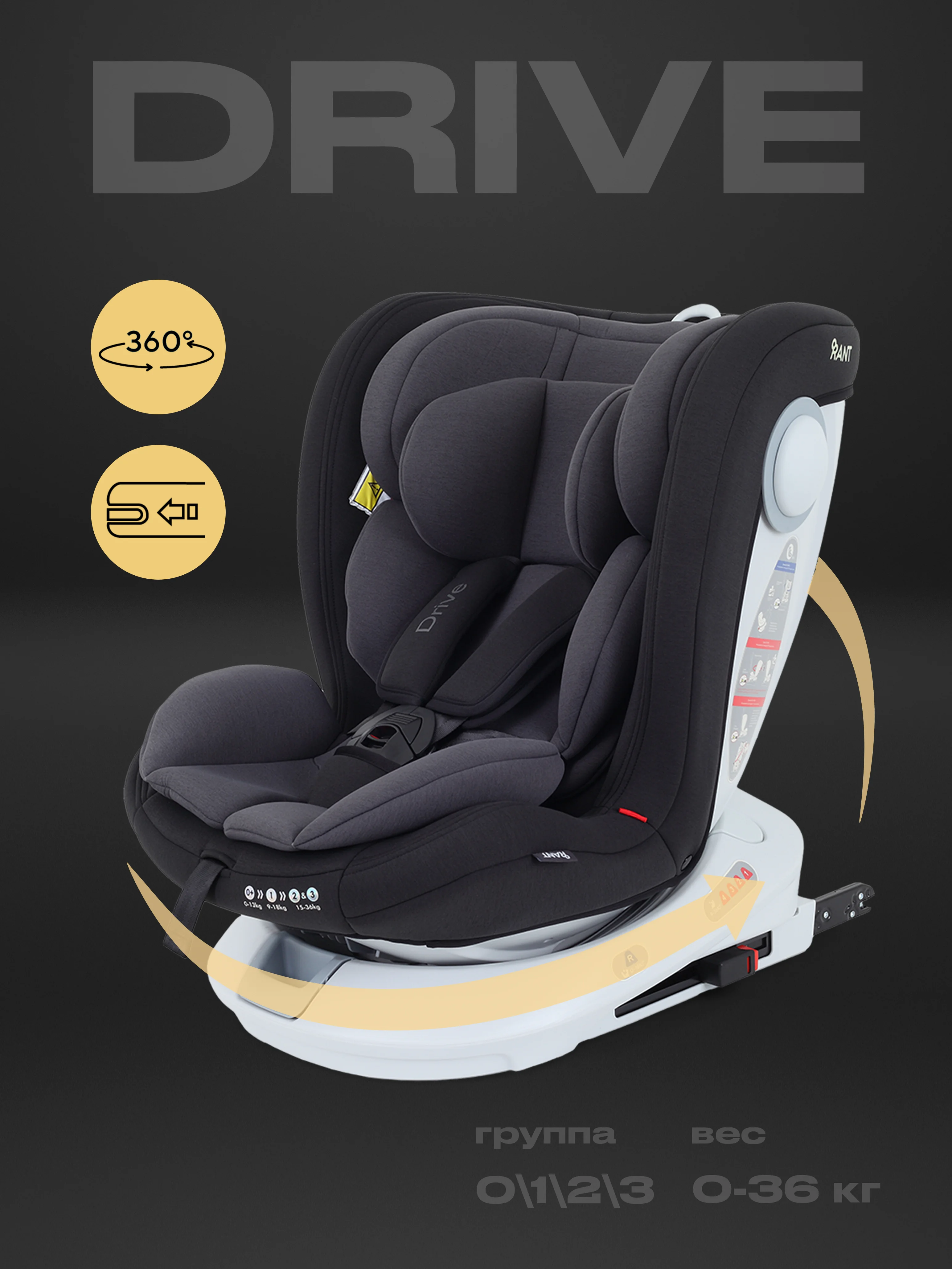 Серый автокресло RANT DRIVE isofix группа 0-1-2-3  0-36 кг