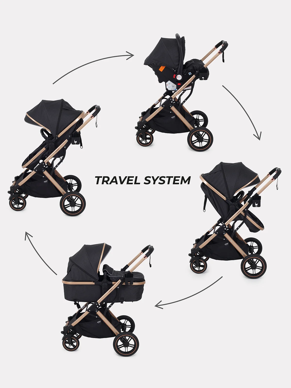 Черный коляска детская трансформер MOWBaby JASPER, 3 в 1