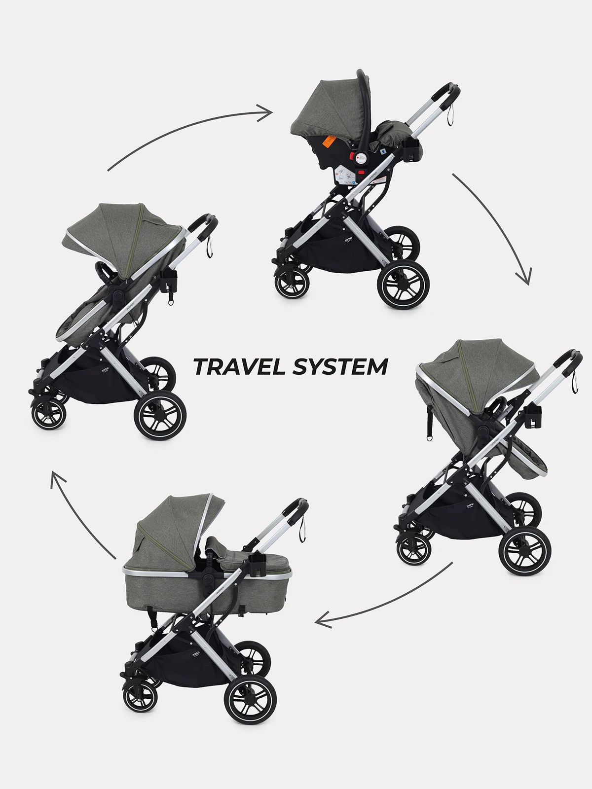 Зеленый коляска детская трансформер MOWBaby JASPER, 3 в 1