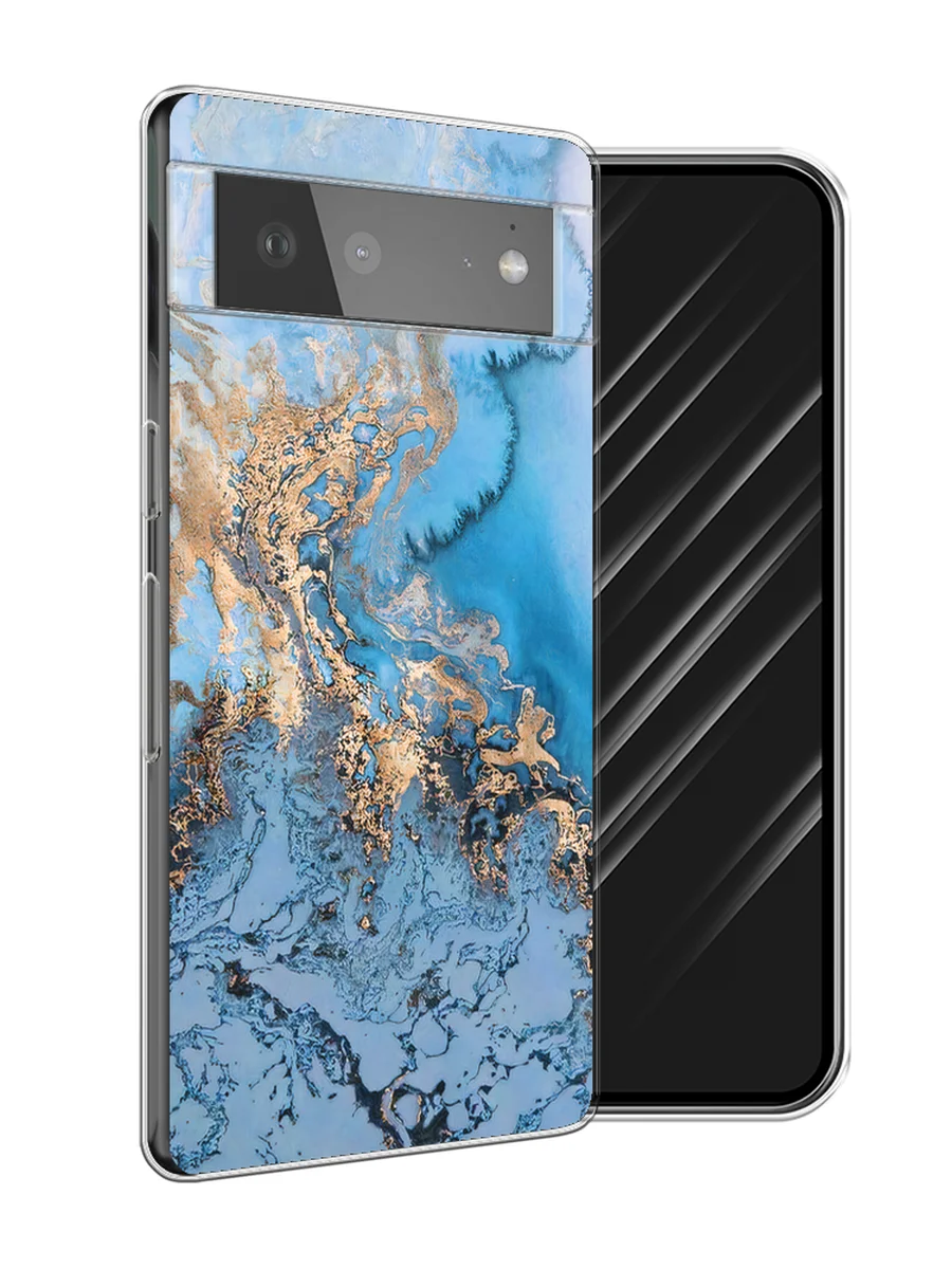 Голубой силиконовый чехол на Google Pixel 6 / Гугл Пиксель 6 прозрачный, с рисунком, защита камеры