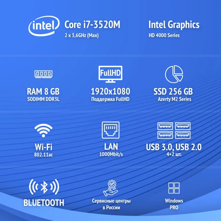 Azerty Мини-ПК AZ-0019 Intel Core i7-3520M, RAM 8 ГБ, SSD 256 ГБ, Intel HD Graphics, Win10