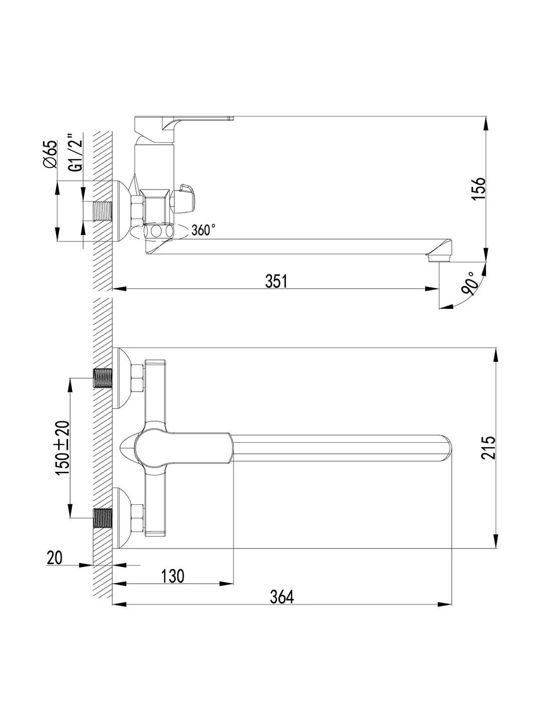 Смеситель для ванны с душем Lemark Plus Grace LM1551C, с длинным изливом, однорычажный