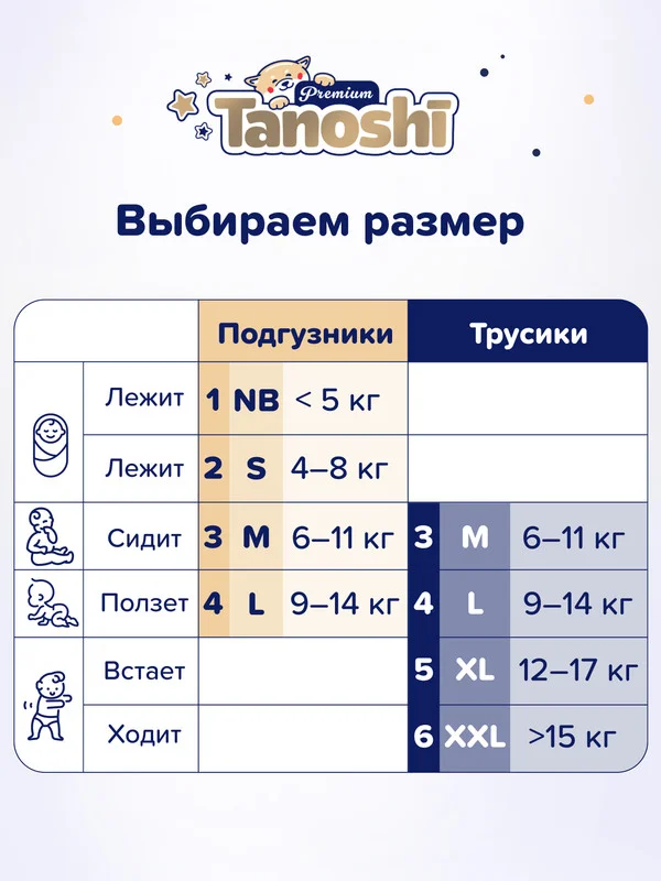 Подгузники трусики для детей Tanoshi Premium, размер L, 4 (9-14 кг), 44 штуки