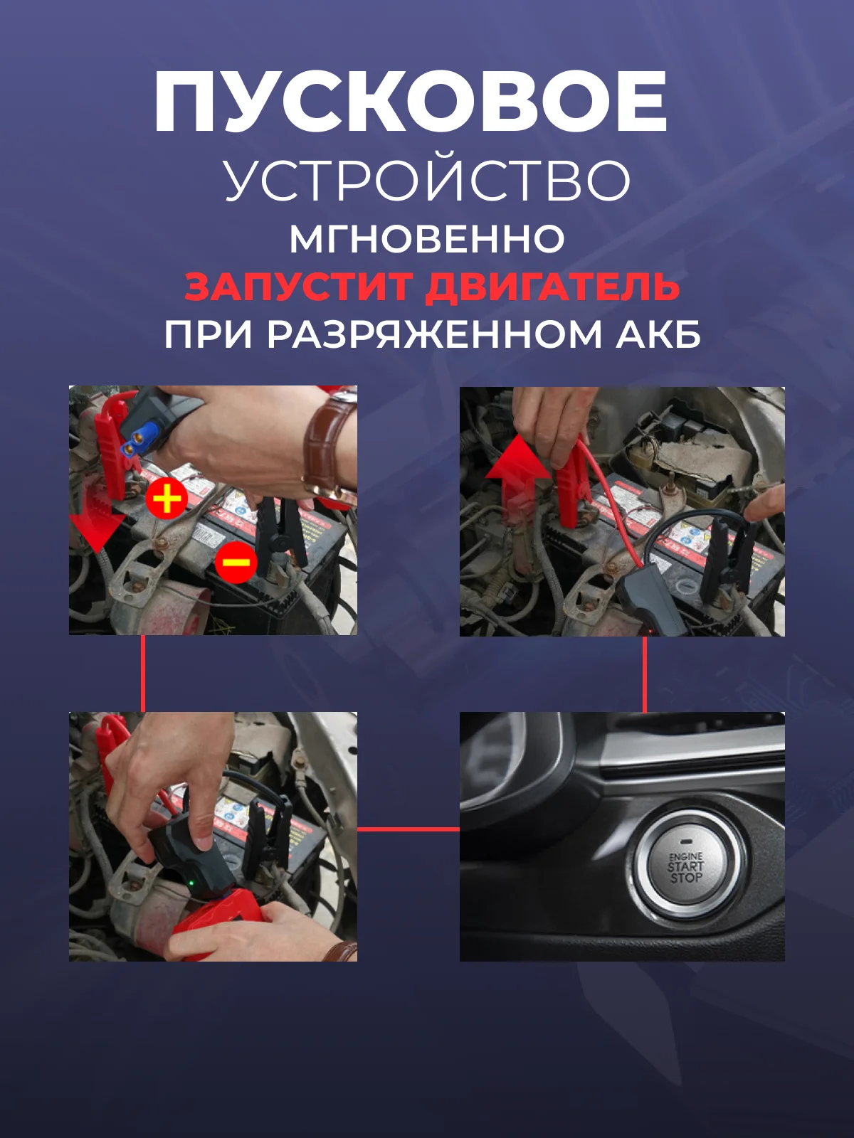 Пусковое зарядное устройство для автомобиля с компрессором, LED фонарем и функцией power bank