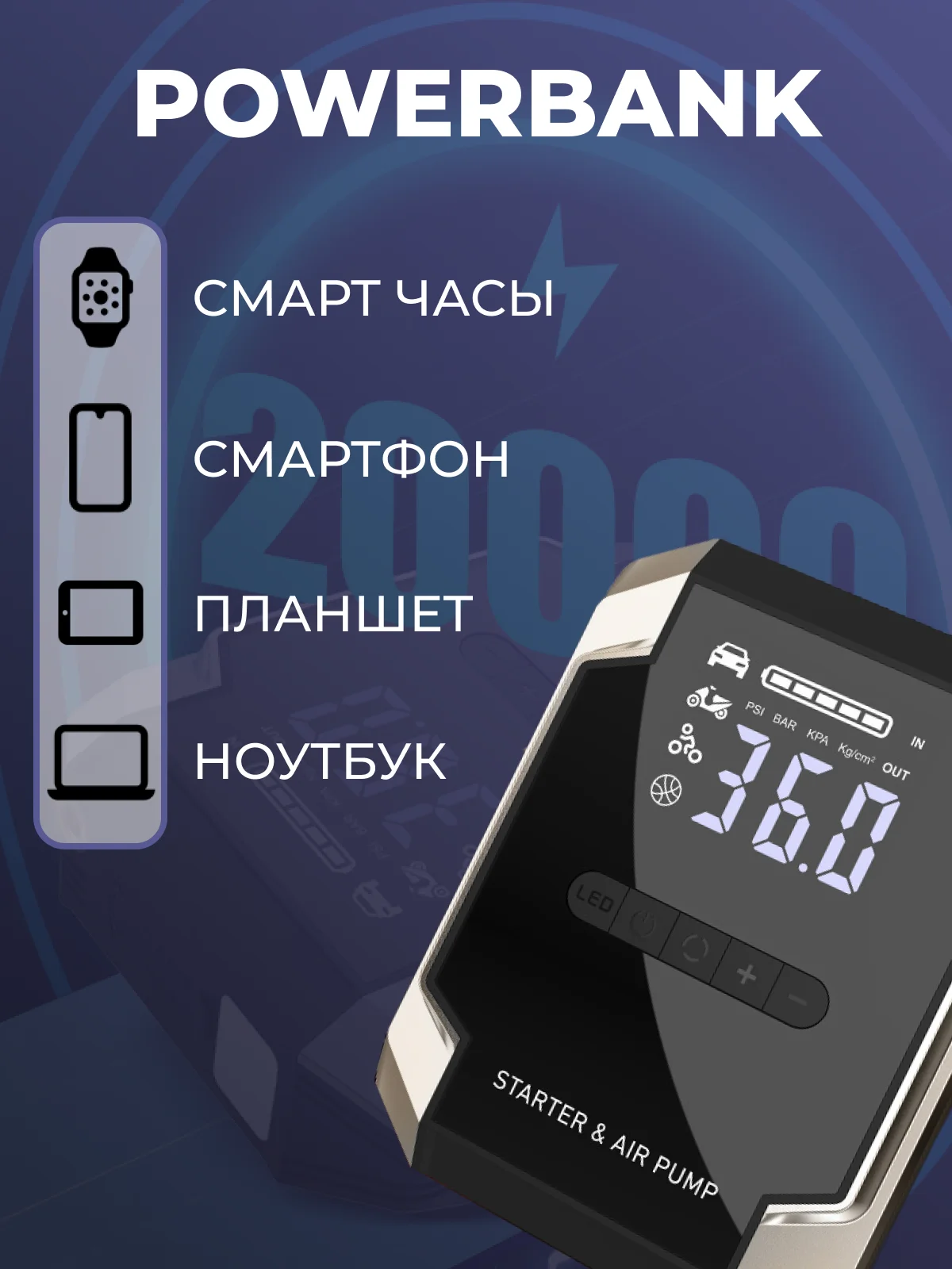 Пусковое зарядное устройство для автомобиля с компрессором, LED фонарем и функцией power bank