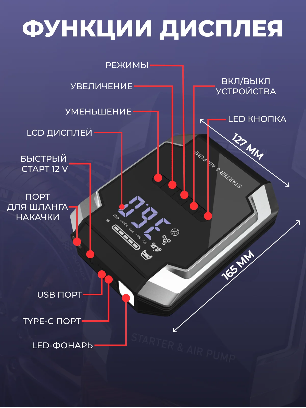 Пусковое зарядное устройство для автомобиля с компрессором, LED фонарем и функцией power bank