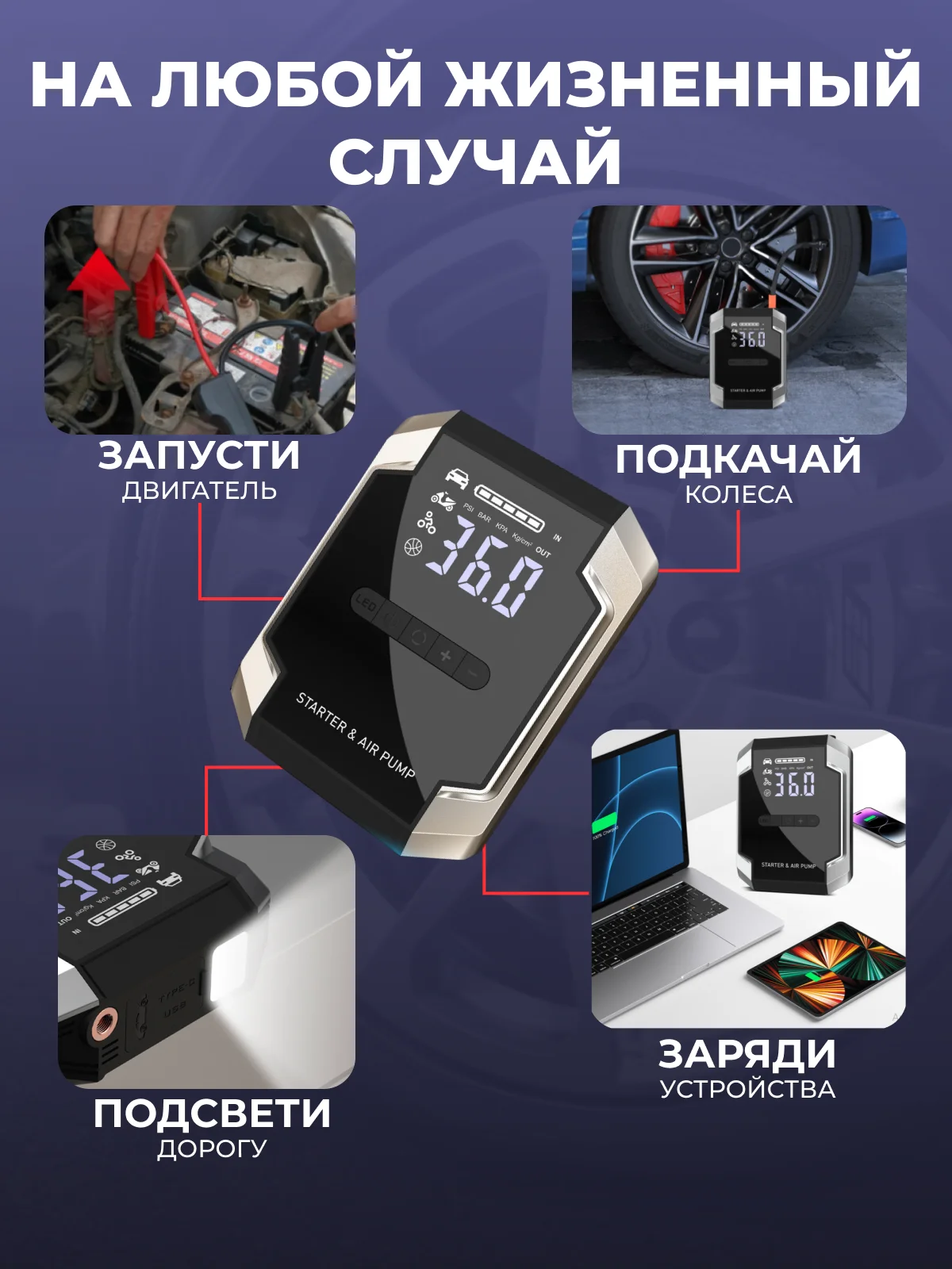 Пусковое зарядное устройство для автомобиля с компрессором, LED фонарем и функцией power bank