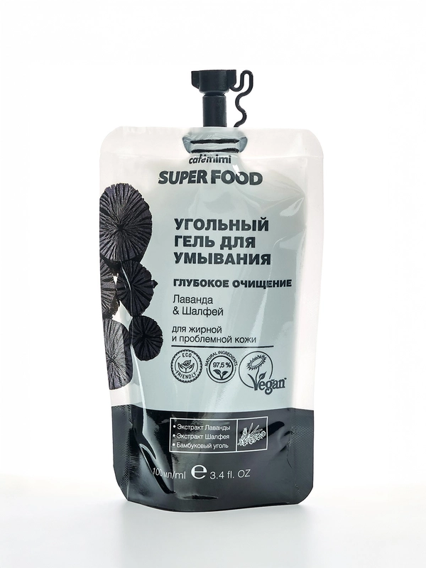 Cafe mimi Super Food  Угольный гель для умывания Глубокое очищение Лаванда & Шалфей 100 мл