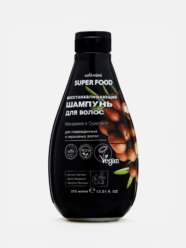 Cafe mimi Super Food  Шампунь для волос Восстанавливающий Макадамия & Орегано, 370 мл