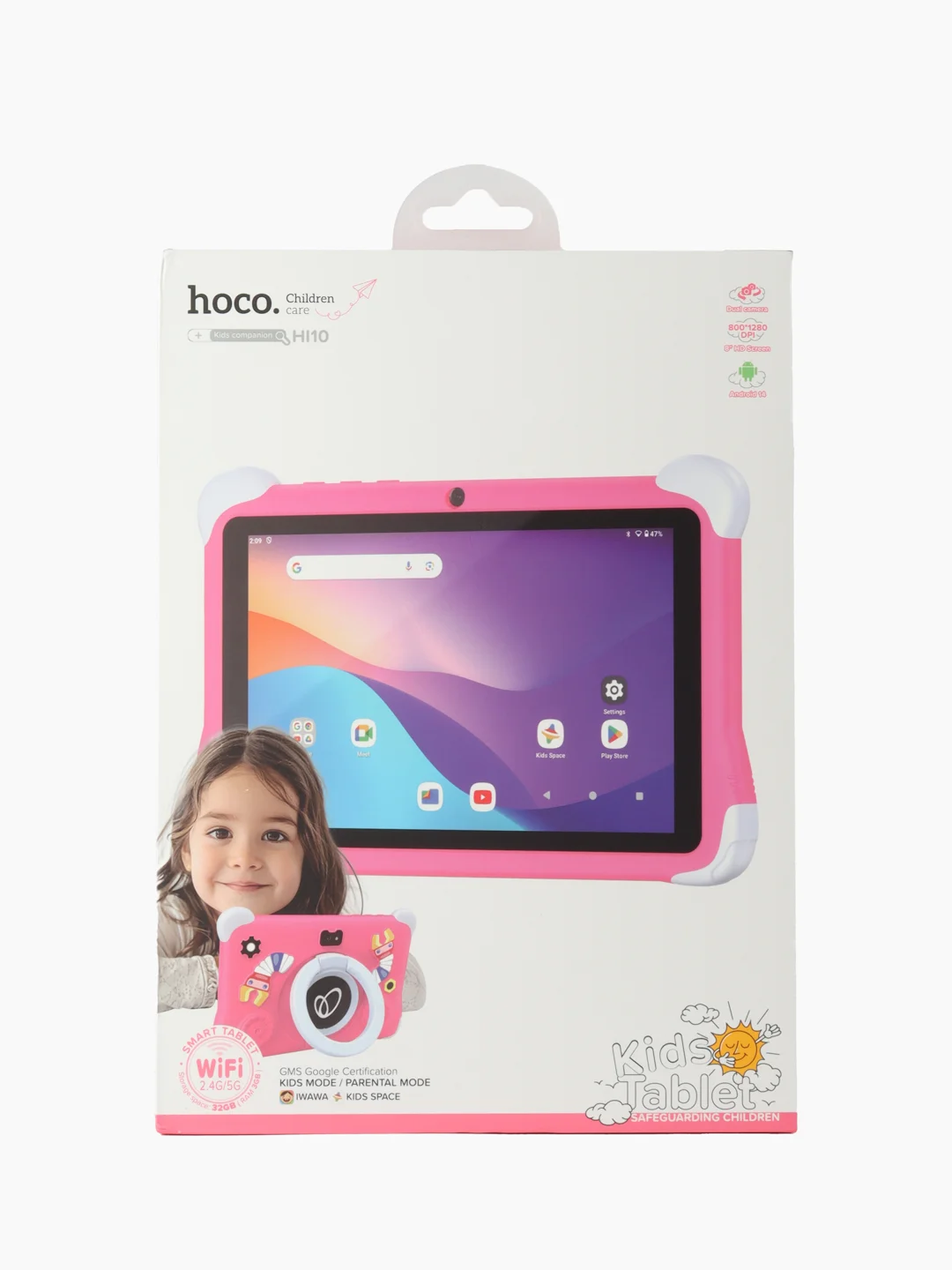 Кораллово-розовый планшет для детей Hoco HI10 3/32, защитный корпус, на OC Android, Wi-Fi, Kids mode
