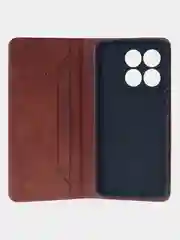 Коричневый чехол-книжка для Xiaomi 14T (5G) из высококачественной искусственной кожи