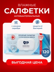 Салфетки влажные AURA family антибактериальные, 120 штук, с клапаном