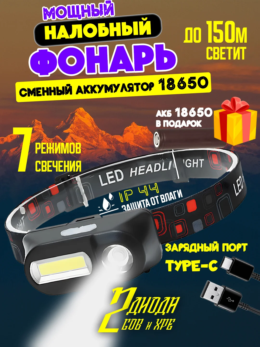 Угольный светодиодный фонарик аккумуляторный, налобный LED фонарь с датчиком движения и без