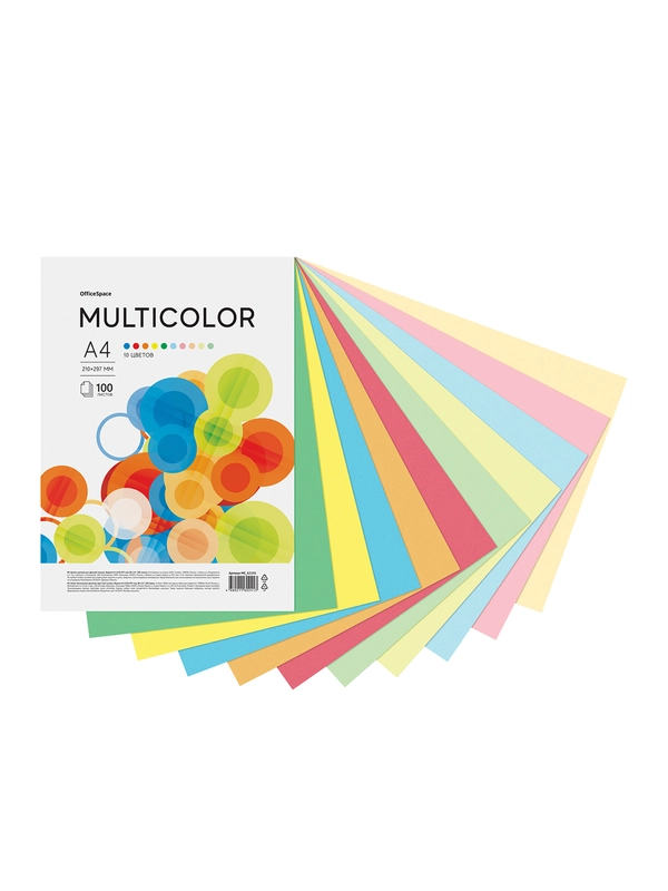 Бумага цветная OfficeSpace "Multicolor", А4, 80г/м2, 100л., (10 цветов)
