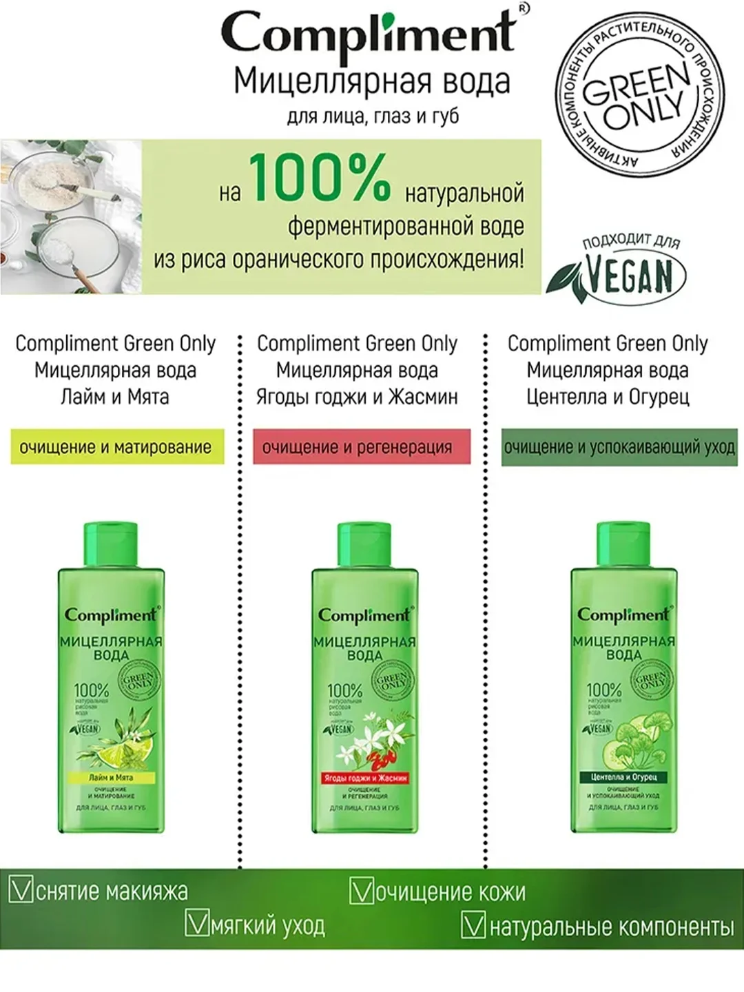 Compliment Green only Мицеллярная вода очищение и матирование Лайм и Мята, 400мл
