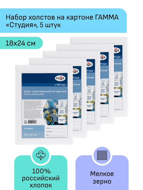 Набор холстов на картоне Гамма "Студия", 5шт., 18*24см, 100% хлопок, 280г/м2, мелкое зерно