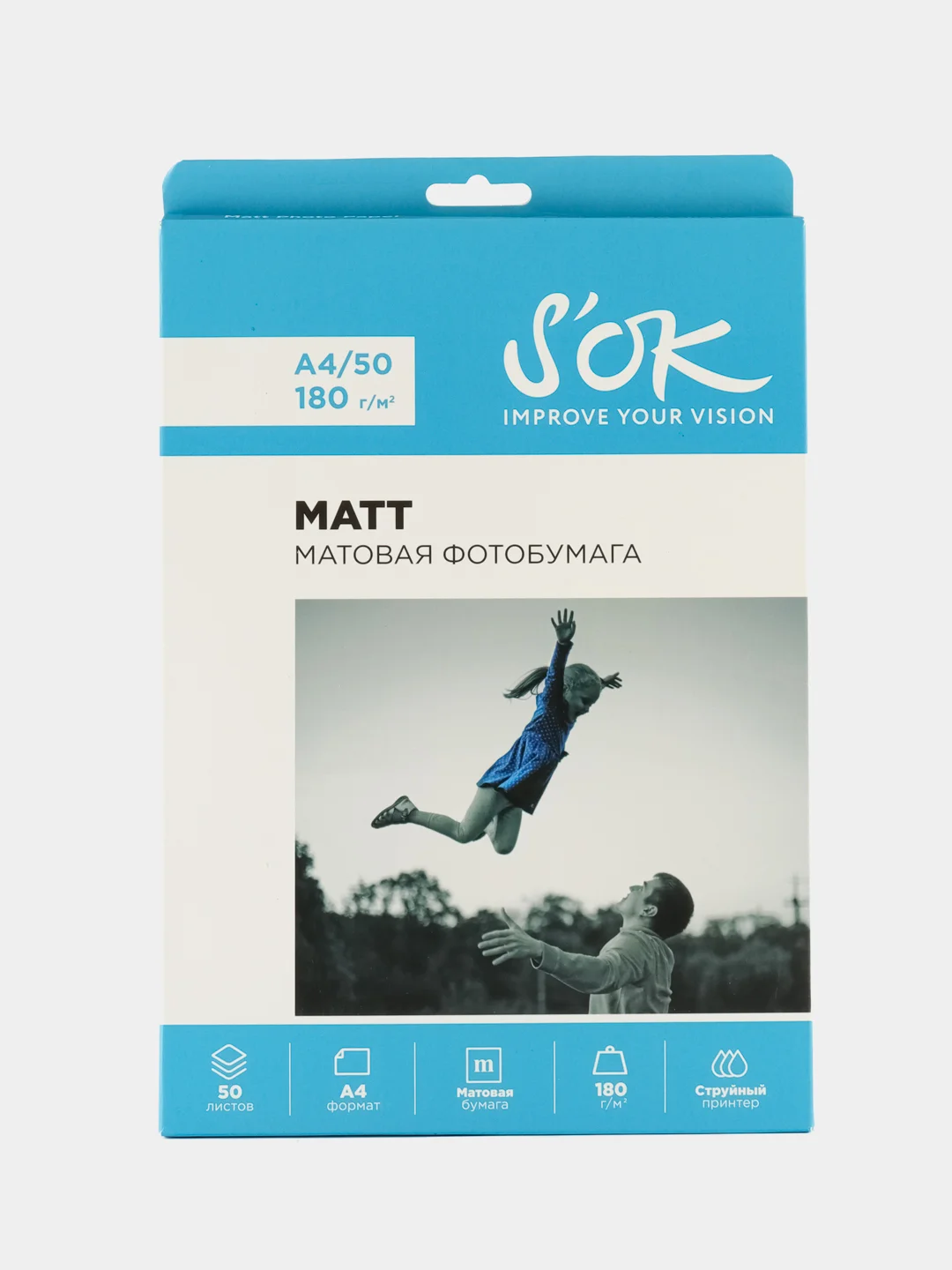Белый фотобумага SOK матовая, формат А4, плотность 180г/м2, 50 листов SA4180050M