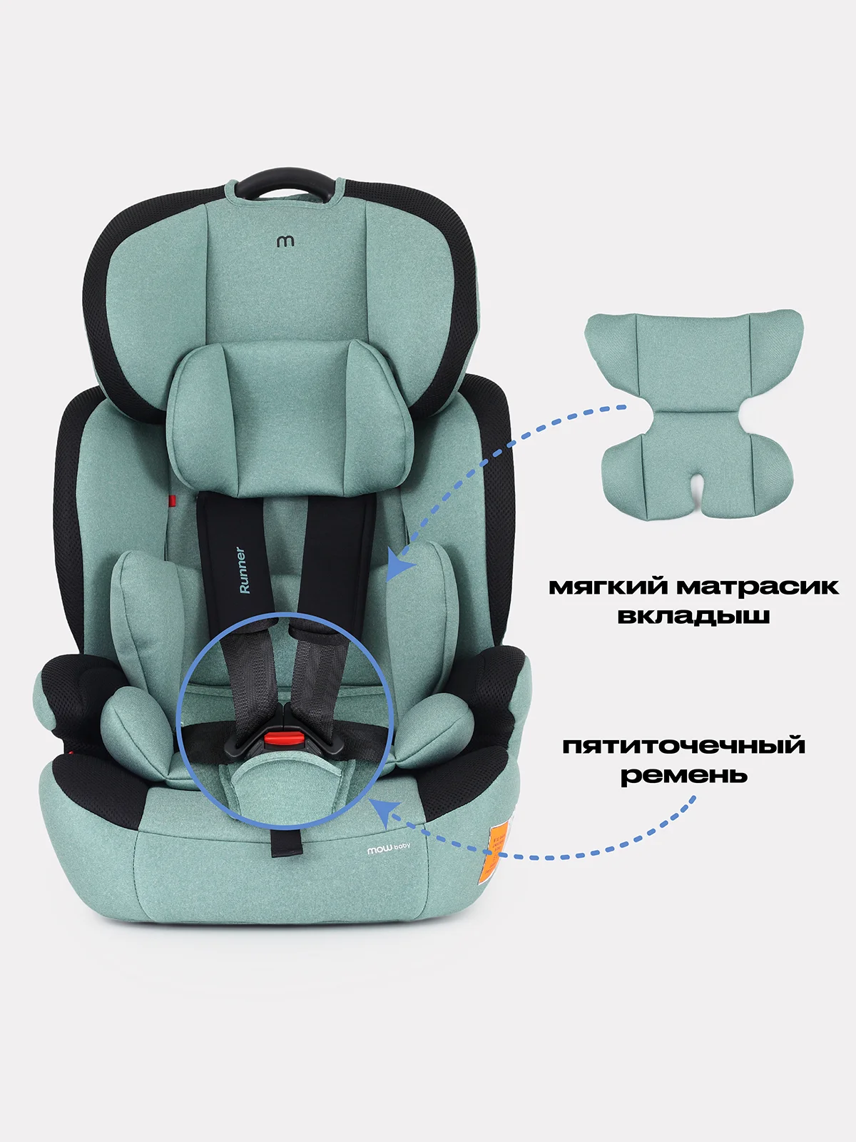 Зеленый автокресло MOWBaby Runner, группа 1-2-3, 9-36 кг