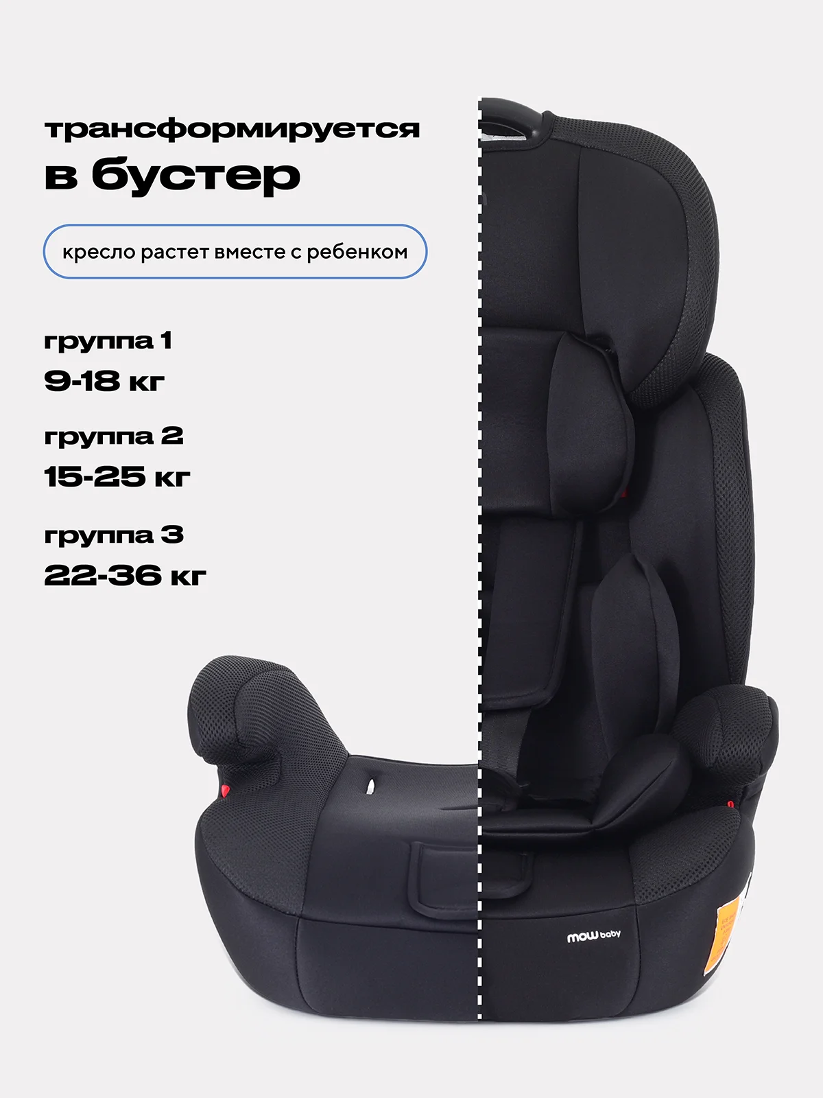 Черный автокресло MOWBaby Runner, группа 1-2-3, 9-36 кг