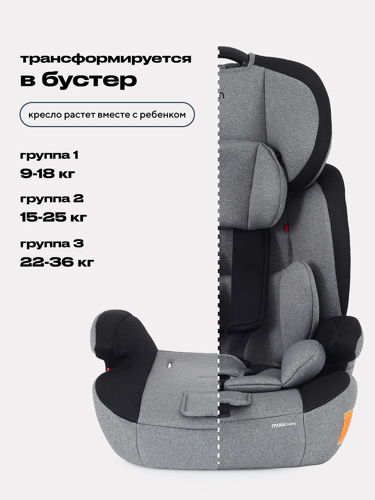 Серый автокресло MOWBaby Runner, группа 1-2-3, 9-36 кг