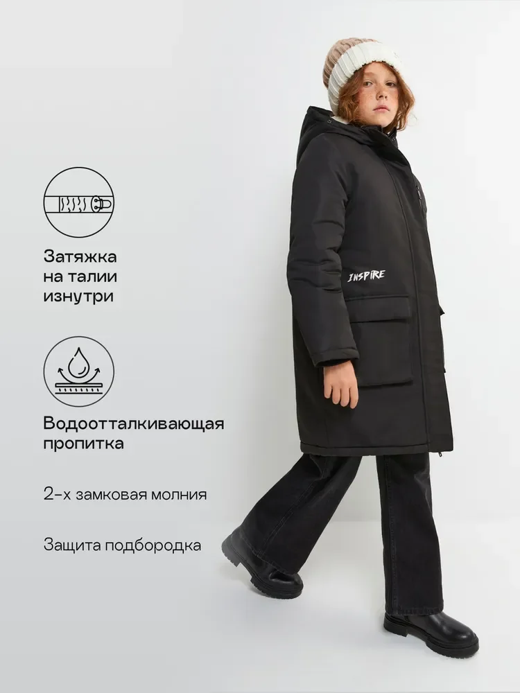 Черный утеплённое пальто с капюшоном для девочек Acoola Glossu, черное