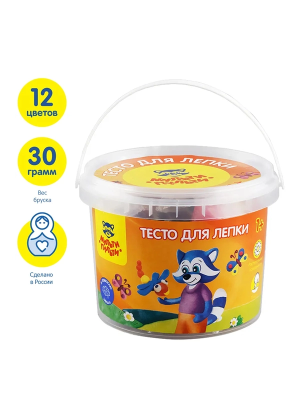Тесто для лепки Мульти-Пульти "Енот в деревне", 12 цветов*30г, пластиковое ведро