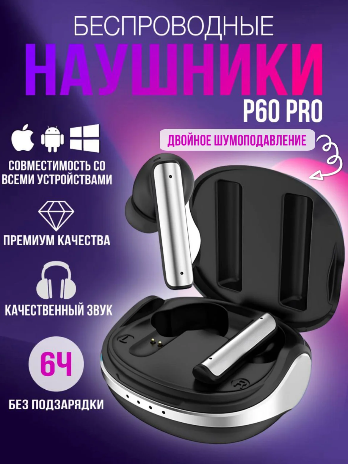 Наушники беспроводные p60pro Игровые/Спортивные/Активное шумоподавление/черный