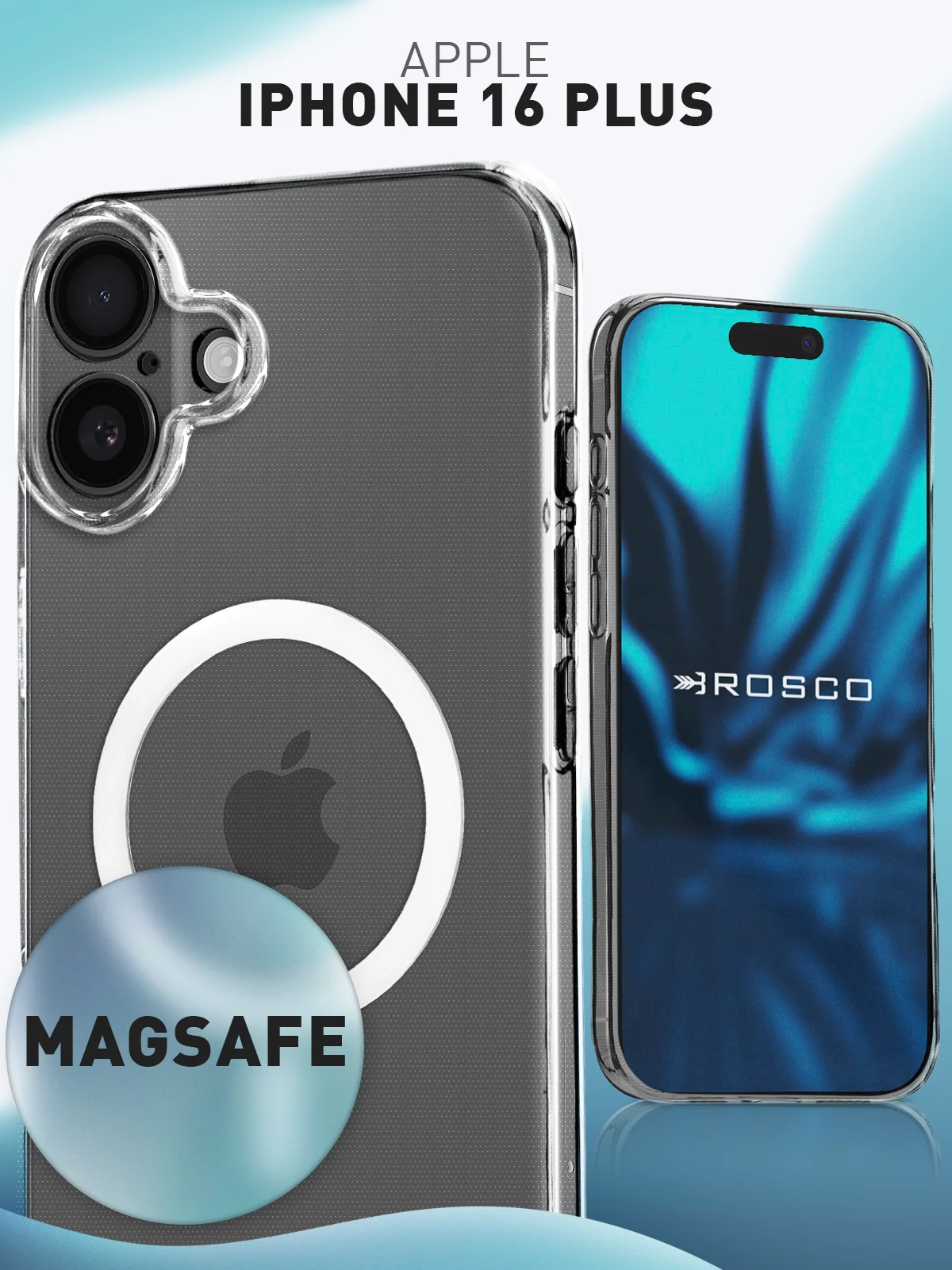 Прозрачный чехол MagSafe для iPhone 16 Plus пластиковый с силиконом ROSCO, с защитой камер, магнитом