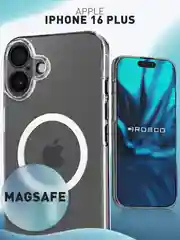Прозрачный чехол MagSafe для iPhone 16 Plus пластиковый с силиконом ROSCO, с защитой камер, магнитом