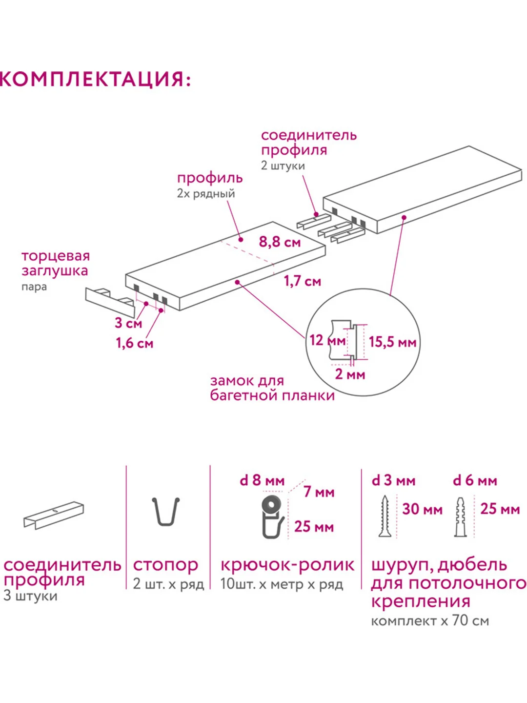 Карниз потолочный Стандарт 2,7м 3 рядный составной белый 3 части ПВХ Легранд