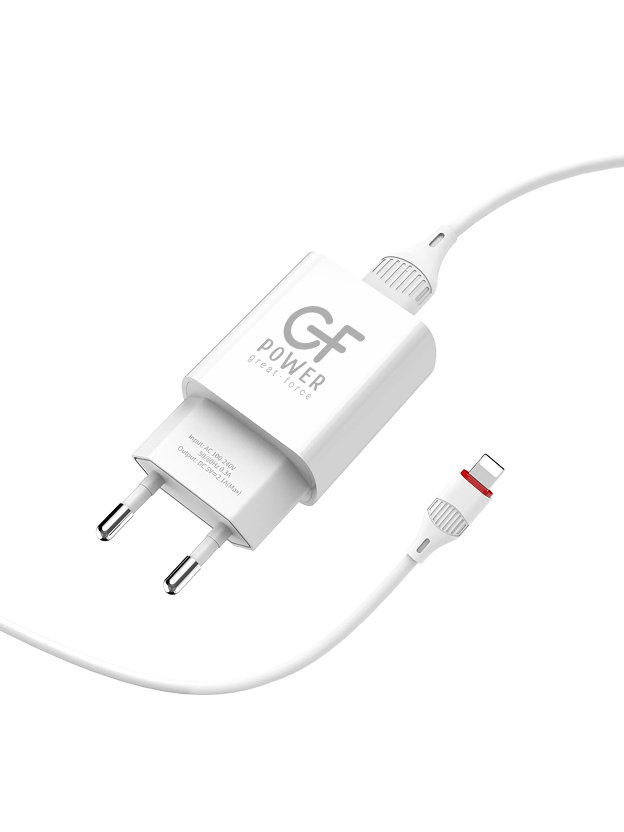 Сетевое зарядное устройство GFPower GF20L, USB (5В / 2.1А), кабель Lightning, белый