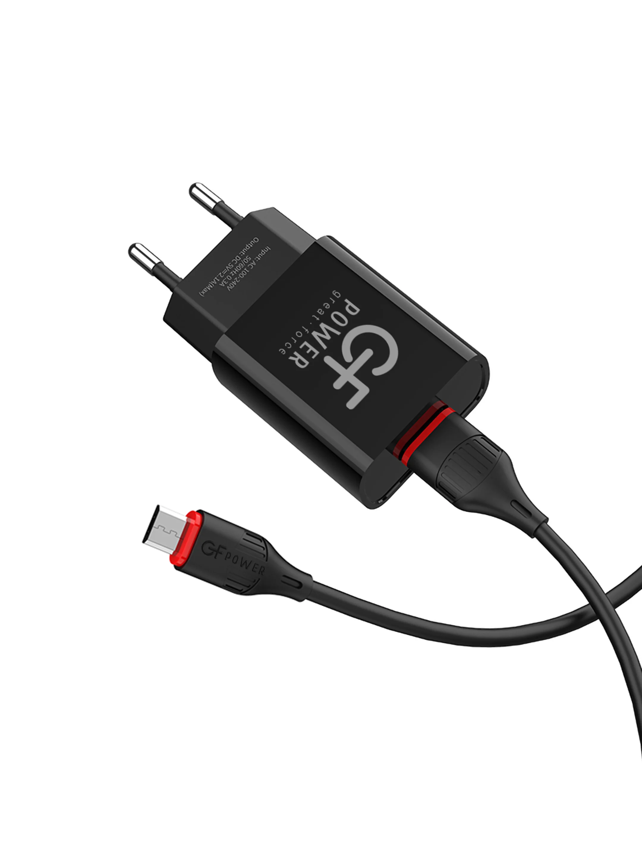 Черный сетевое зарядное устройство GFPower GF20M, USB, 5 В, 2.1 А, с кабелем Micro-USB