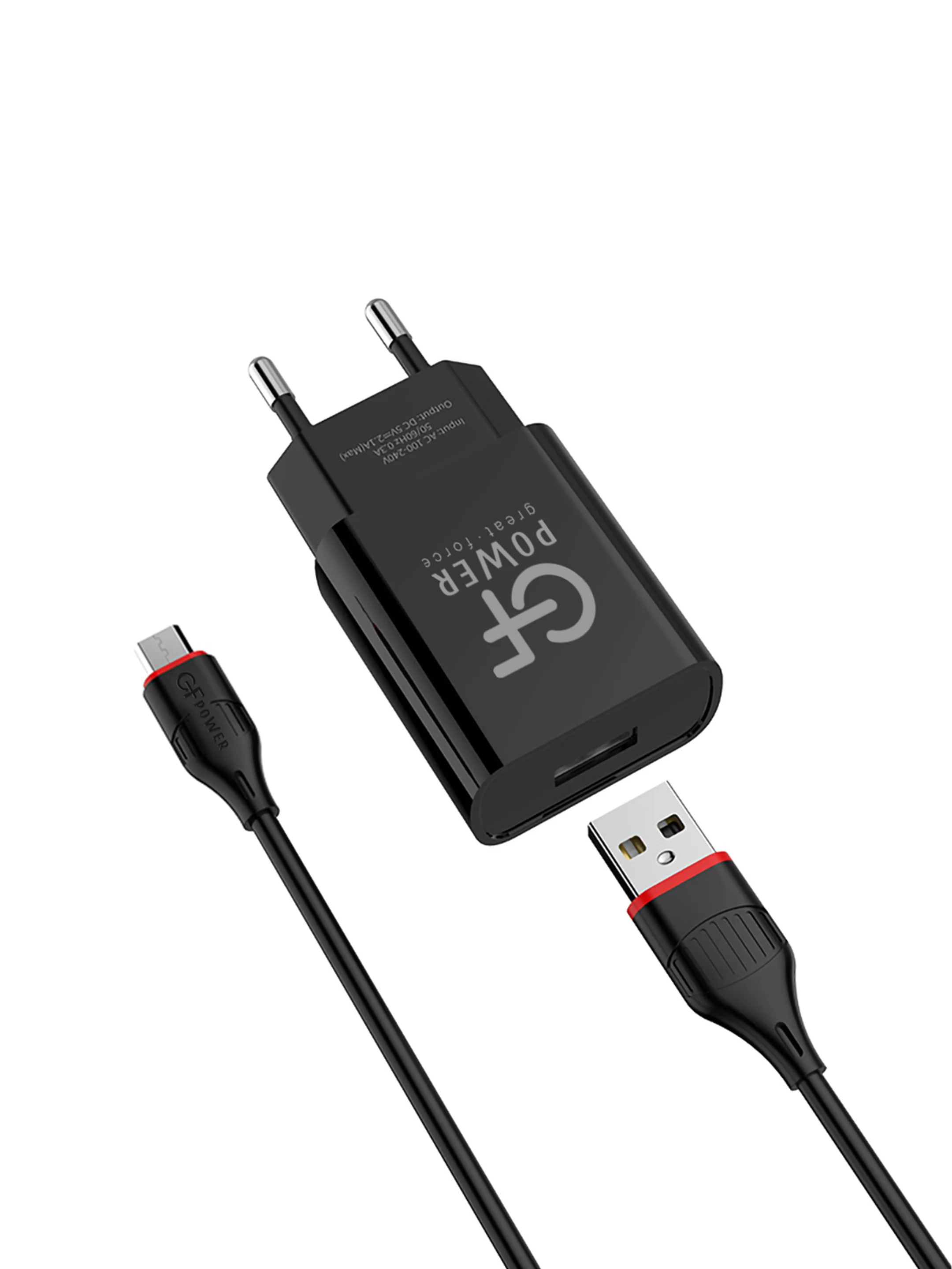 Черный сетевое зарядное устройство GFPower GF20M, USB, 5 В, 2.1 А, с кабелем Micro-USB