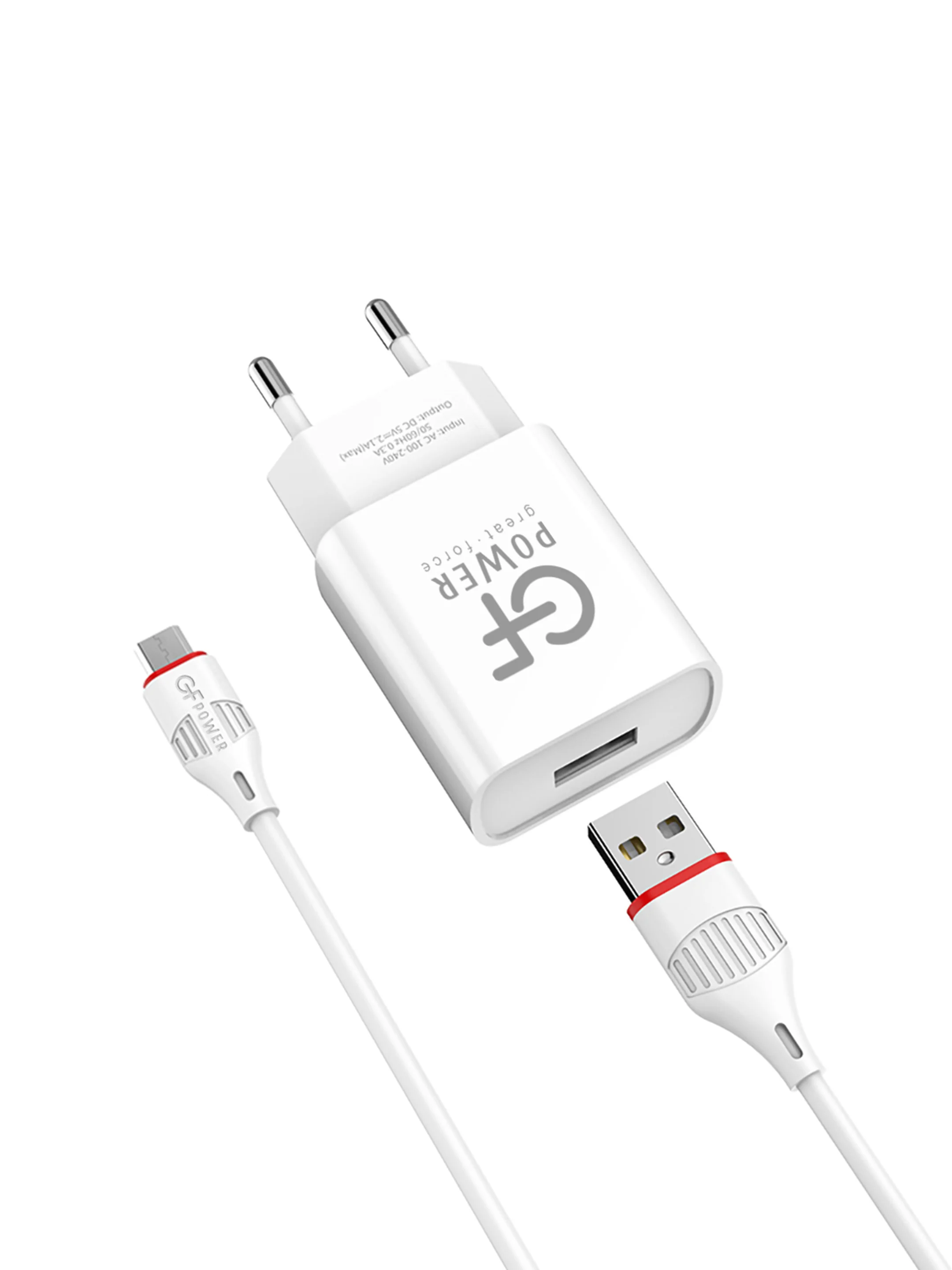 Белый сетевое зарядное устройство GFPower GF20M, USB, 5 В, 2.1 А, с кабелем Micro-USB