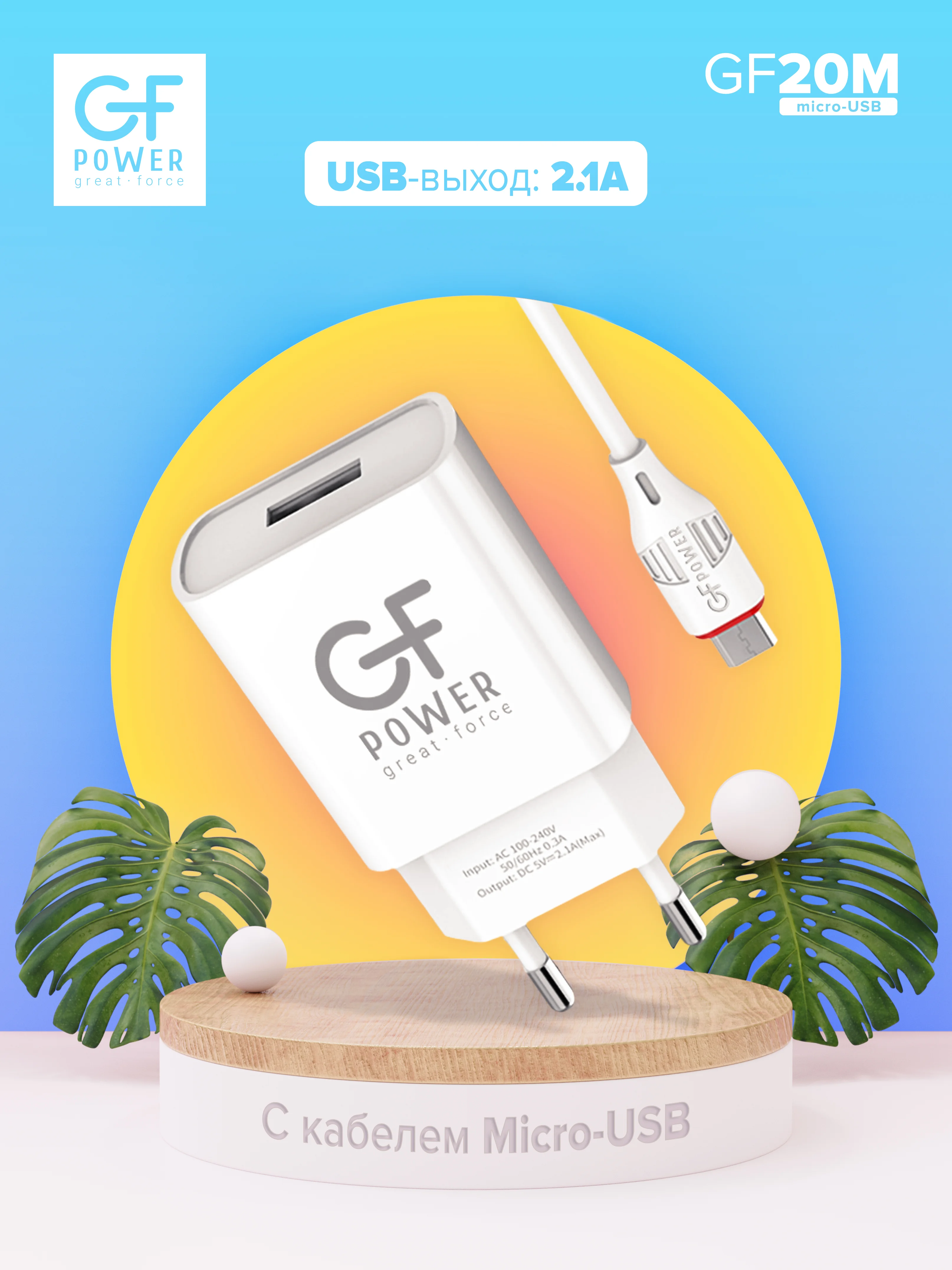Белый сетевое зарядное устройство GFPower GF20M, USB, 5 В, 2.1 А, с кабелем Micro-USB