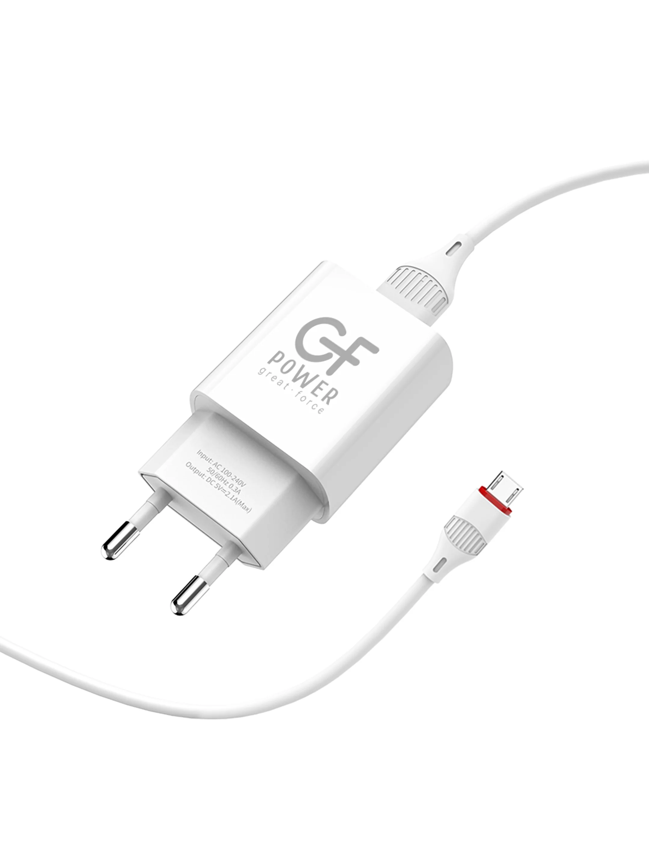 Белый сетевое зарядное устройство GFPower GF20M, USB, 5 В, 2.1 А, с кабелем Micro-USB