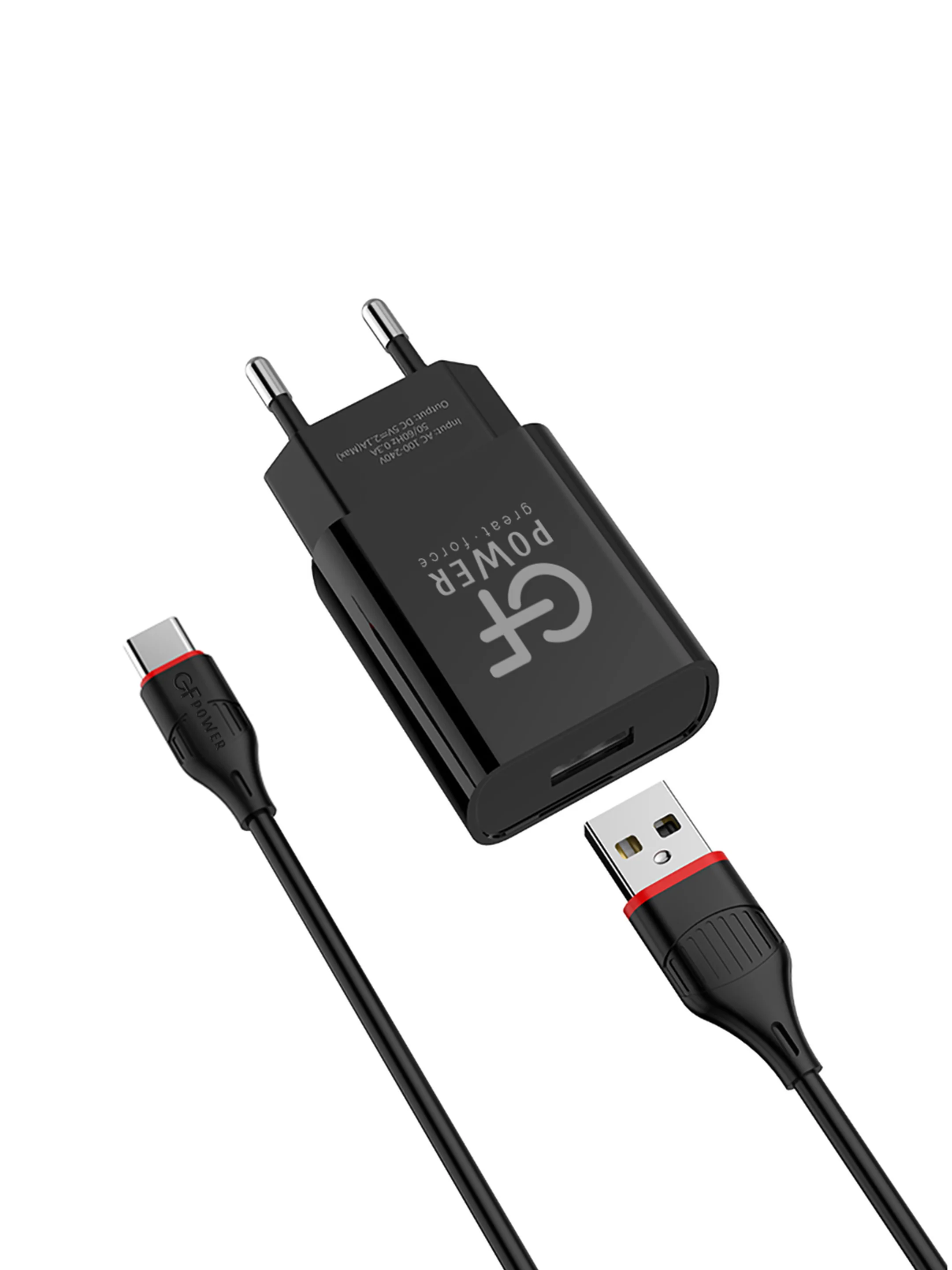 Черный сетевое зарядное устройство GFPower GF20T, USB, 5 В, 2.1 А, с кабелем Type-C