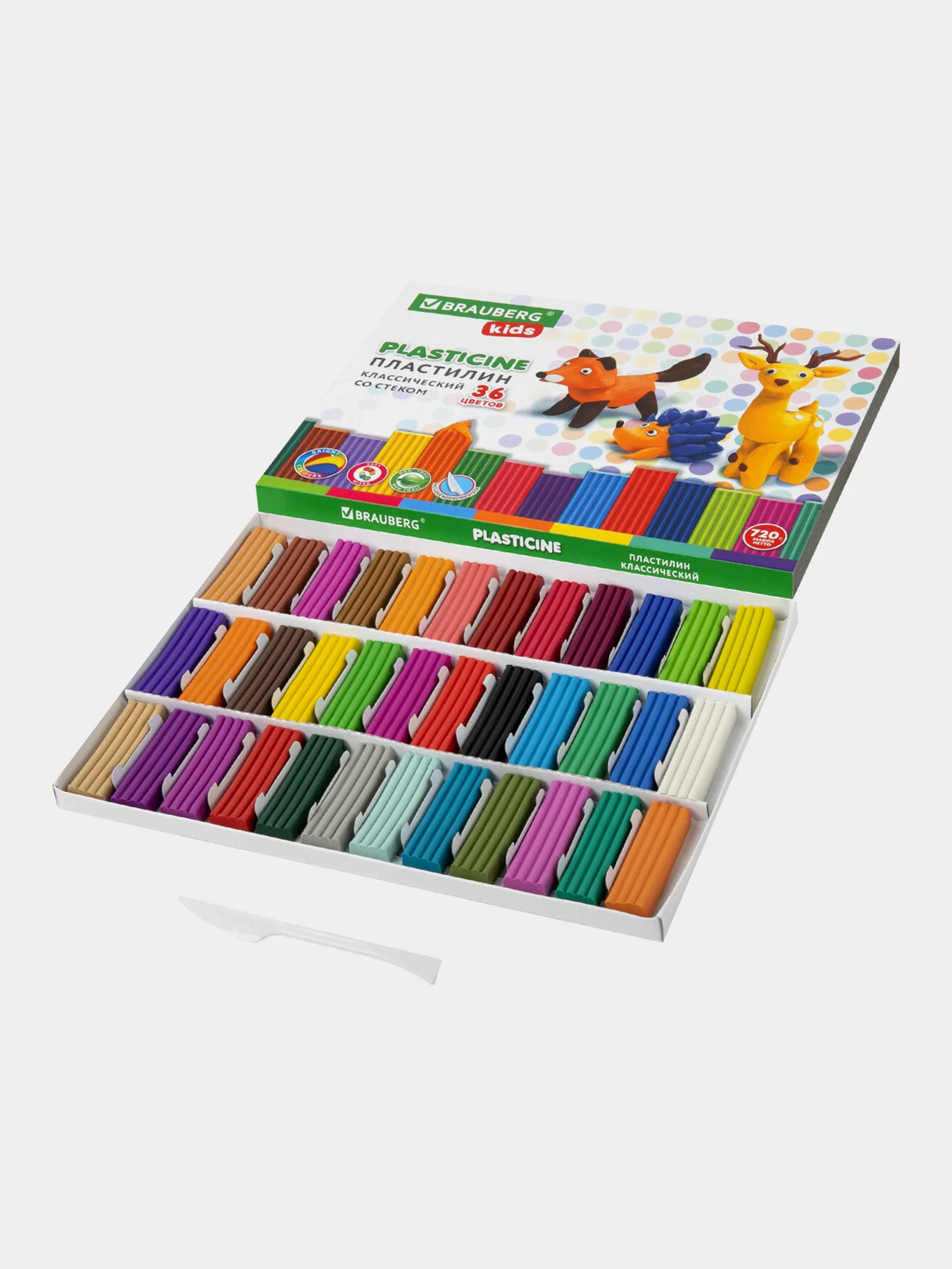 Пластилин классический BRAUBERG KIDS, стек, 36 цветов, 720 грамм, 880564