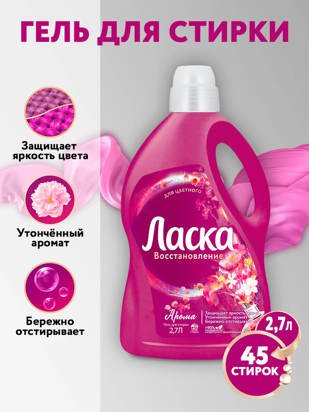 Гель для стирки Ласка Восстановление "Арома", для цветного, 2,7 л