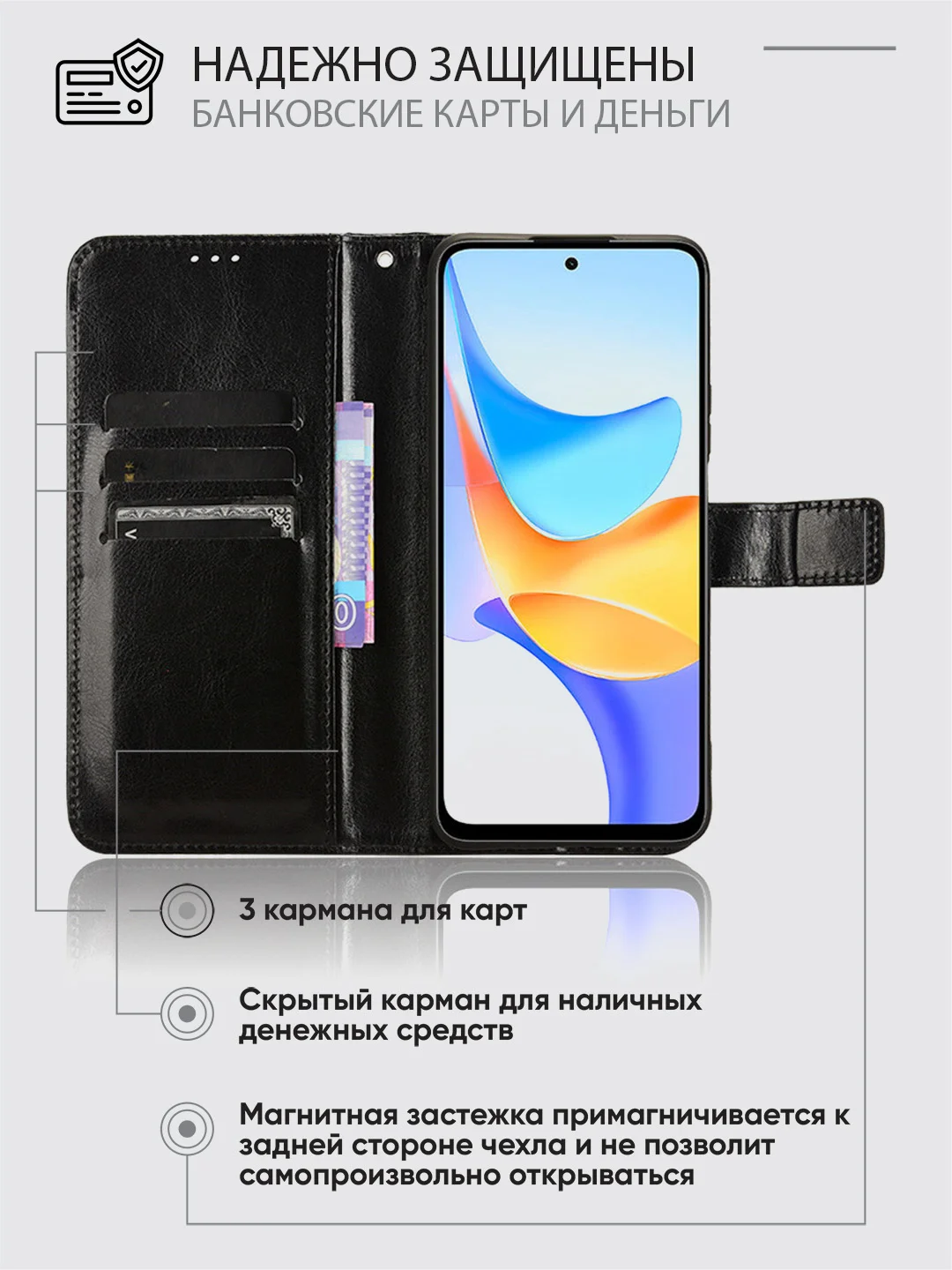 Черный чехол-книжка с магнитной застежкой для Honor X7B (Хонор Х7Б)