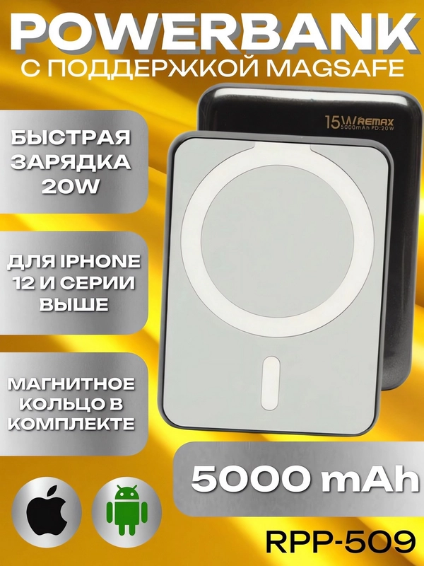Повербанк REMAX для iPhone с magsafe и быстрой зарядкой 20W RPP-509 5000 mAh