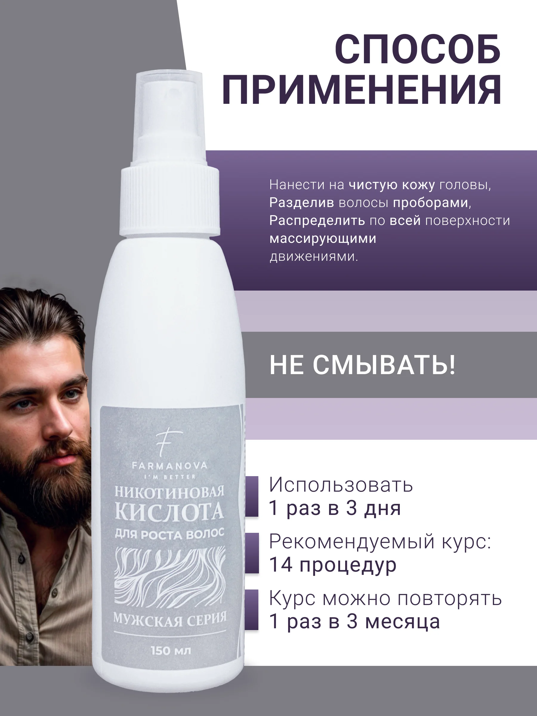 Никотиновая кислота для роста волос, 150 мл, для мужчин