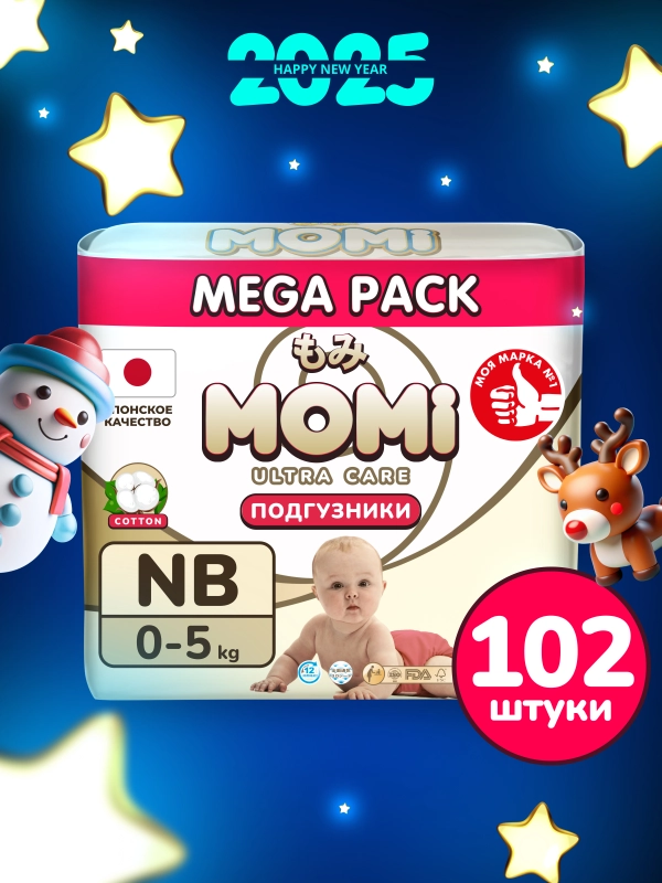MOMI ULTRA CARE MEGA PACK подгузники NB (0-5 кг). 102шт