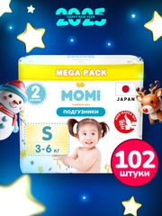 MEGA PACK MOMI COMFORT CARE подгузники  S (3-6 кг). 102 шт