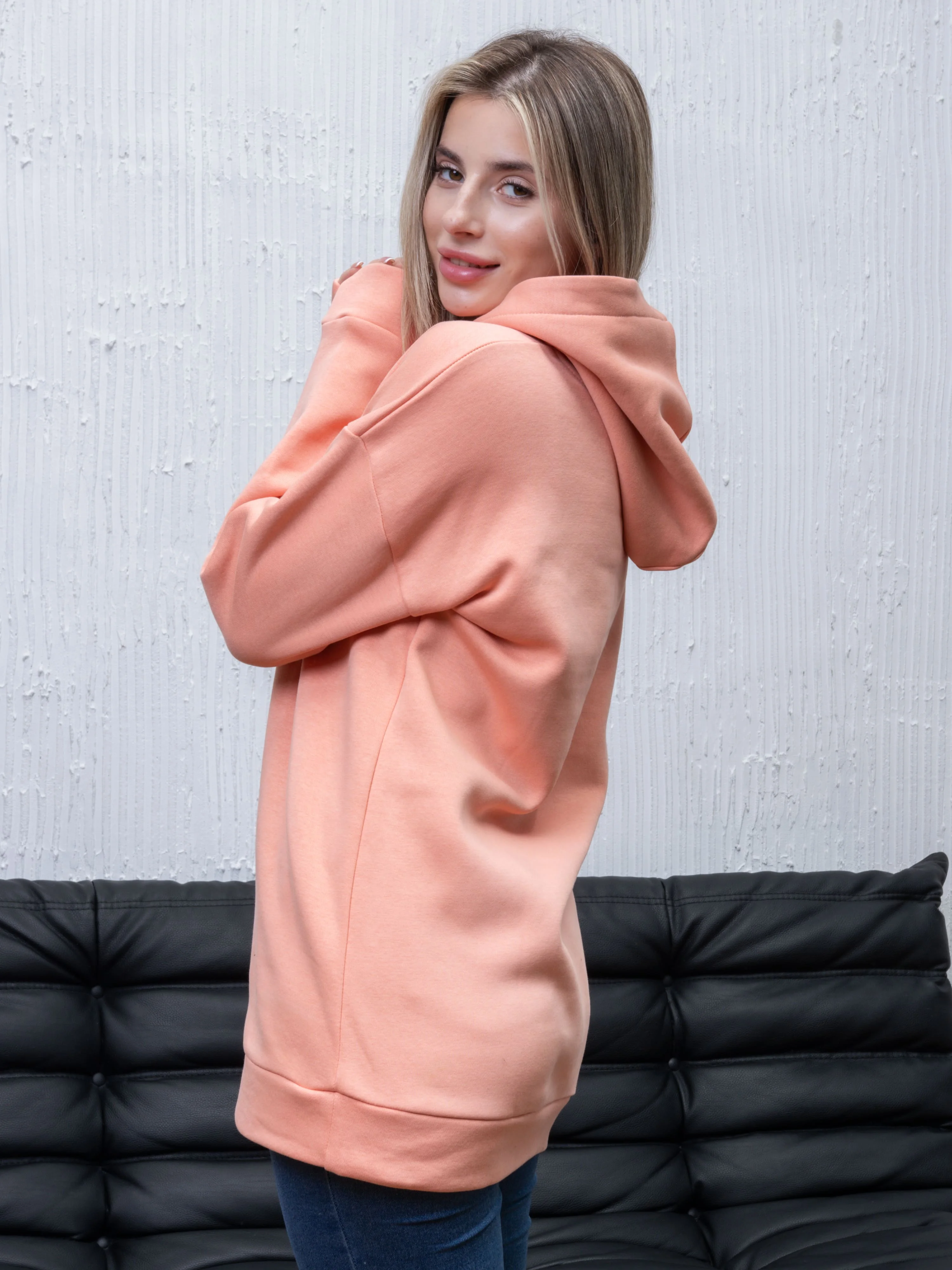 Коралловый худи женское, оверсайз, утепленное, с капюшоном