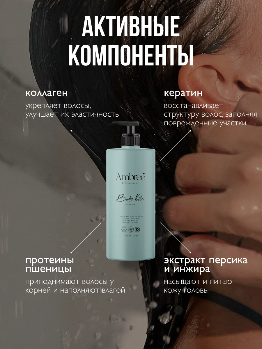 AMBREE Professional Кератиновый шампунь, Berlin poesie Увлажнение и экстра объем 1 л