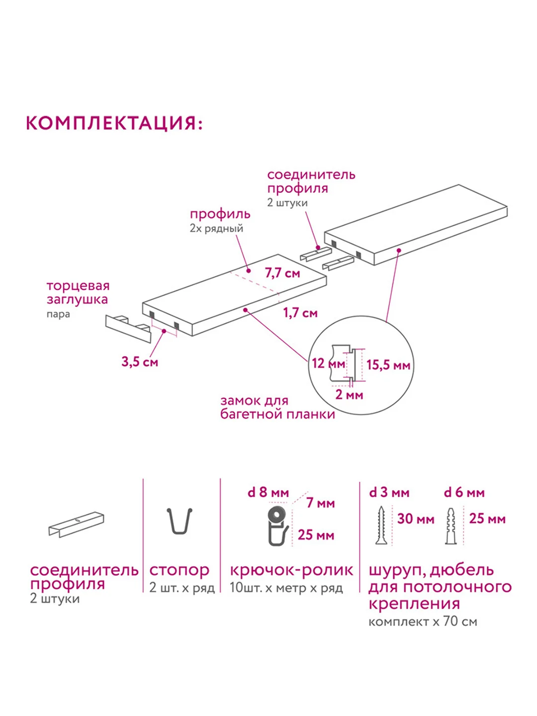 Карниз потолочный Стандарт 3,6м 2 рядный составной белый 4 части ПВХ Легранд