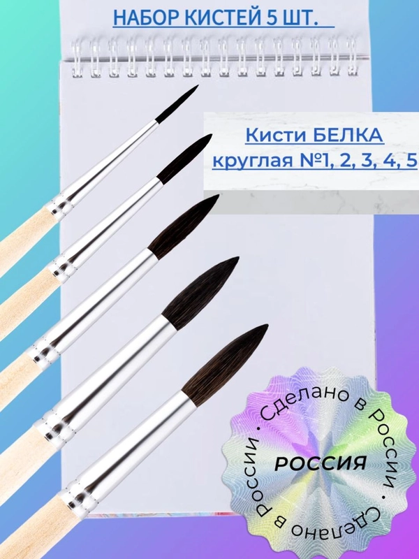 Набор кистей Белка 5 шт.: белка 1,2,3,4,5 РОССИЯ для рисования/акварели/гуаши/в школу